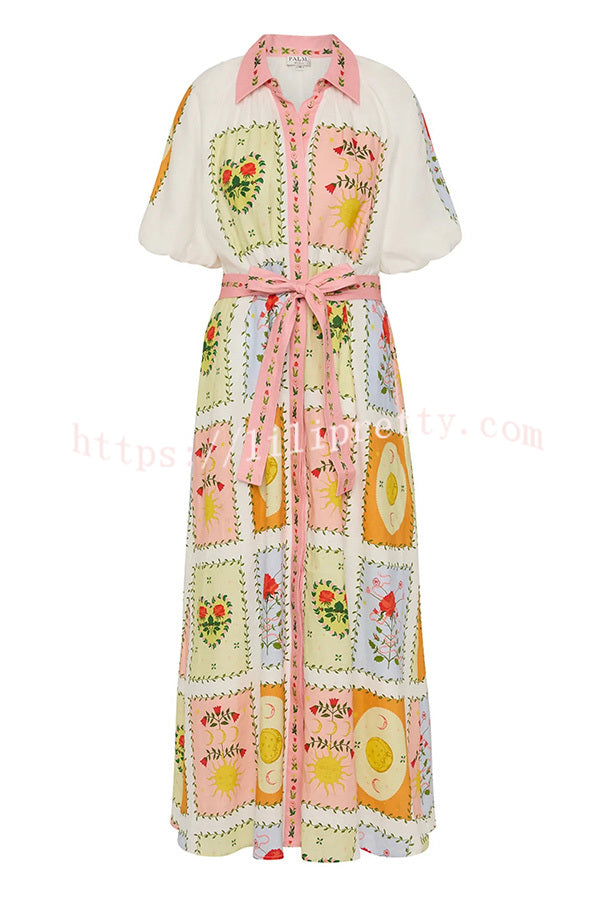 Lily Song Linen Blend Unique Print Short Sleeve Tie-up Shirt Maxi Dress