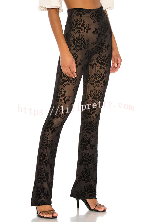 Romance Detail Flower Pattern Mesh Elastic Waist Stretch Flare Pants