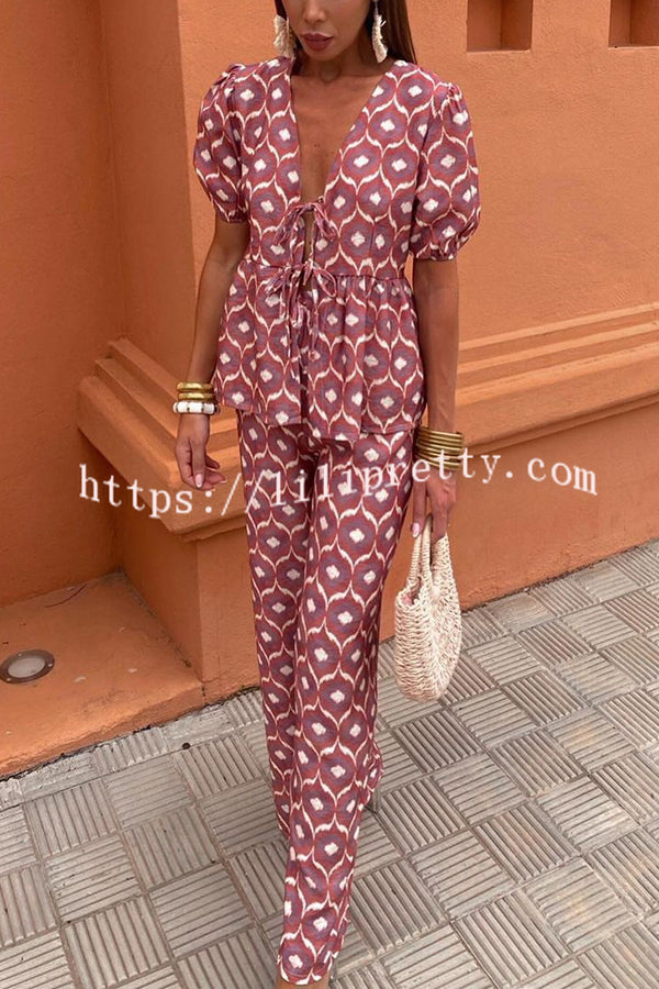 Stylish Printed Puff Sleeves V-neck Tie Top and Elastic Waist Loose Pants Set