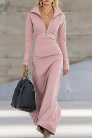 Solid Color Long-sleeved Lapel Zipper Casual Maxi Dress