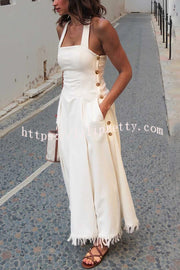 Bohemian Square Neck Pocket Tassel Holiday Maxi Dress