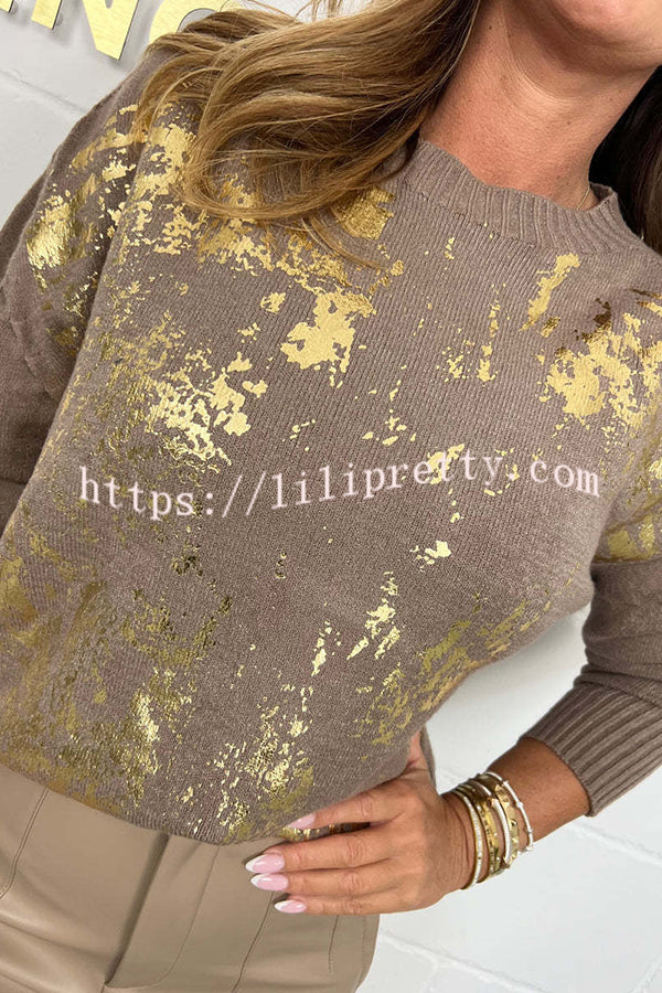 Fashionable Gold Stamping Printed Round Neck Long Sleeve Loose Sweater