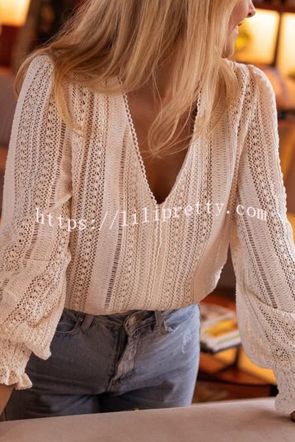 Elegant Openwork V-neck Long-sleeved Casual Shirt