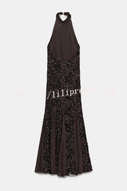 Twilight Gleam Sequin Textured Tulle Hem Halter Backless Maxi Dress