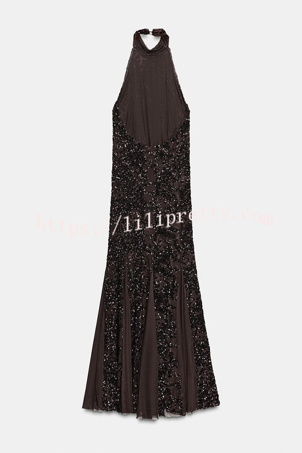 Twilight Gleam Sequin Textured Tulle Hem Halter Backless Maxi Dress