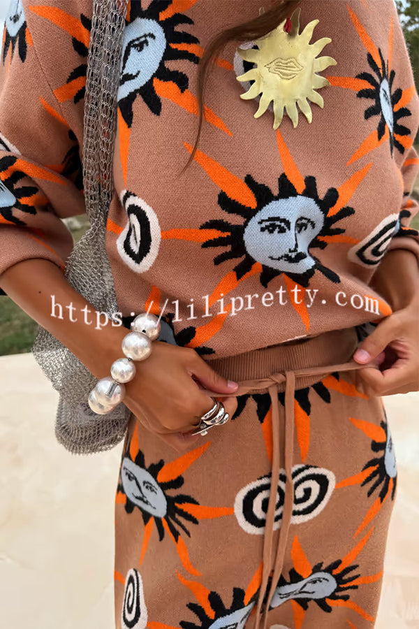 Mediterranean Art Knit Unique Sun Vortex Print Elastic Waist Wide Leg Pants