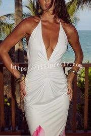 Floral Print Sexy Halterneck Open Back Pleated Slim Maxi Dress