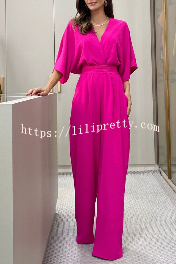 Esther Kimono Sleeve Elastic Waist Pocketed Wide Leg Jumpsuit