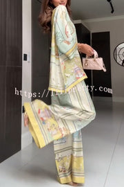 Elonie Satin Floral Print V-neck Half Sleeve Top and Elastic Waist Wide Leg Pants Set