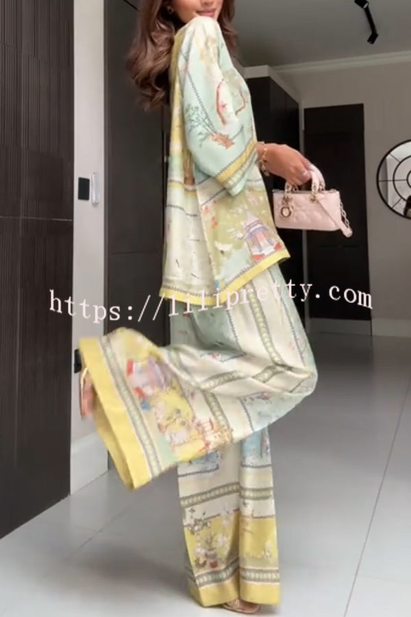 Elonie Satin Floral Print V-neck Half Sleeve Top and Elastic Waist Wide Leg Pants Set