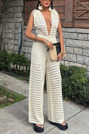 Solid Color Knitted V-neck Holiday Hollow Casual Jumpsuit