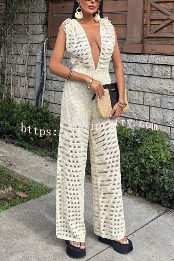 Solid Color Knitted V-neck Holiday Hollow Casual Jumpsuit