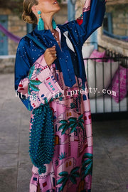 Seaside Stroll Satin Unique Print Button Up Long Sleeve Slit Kaftan Midi Dress