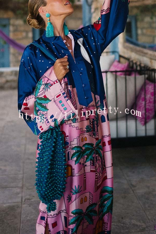Seaside Stroll Satin Unique Print Button Up Long Sleeve Slit Kaftan Midi Dress