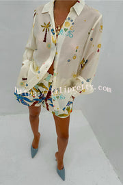 Linen Blend Resort Coconut Palm Print Long Sleeve Lapel Shirt and Elastic Waist Casual Pocket Shorts Set