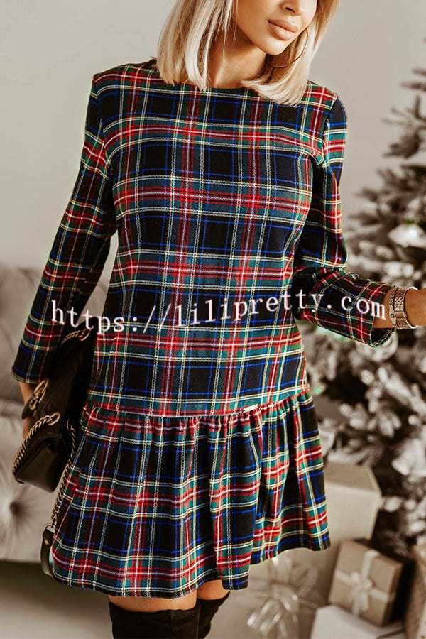 Fashionable Plaid Print Long Sleeve Round Neck Slim Fit Mini Dress