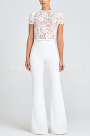 Party Charmer Flower Lace Patchwork Short Sleeve Bow Belted Flare Jumpsuit