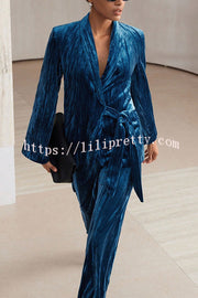 Solid Color Velvet Pleated Long-sleeved Tie Top and Casual Pocket Straight-leg Pants Set