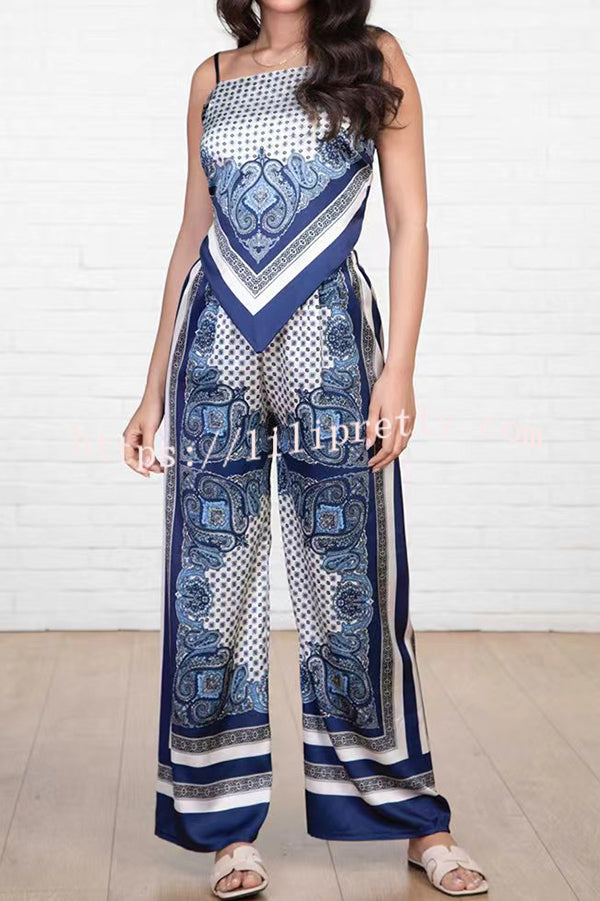 Unique Printed Sling Backless Strappy Top and Elastic Waisted Loose Pants Set