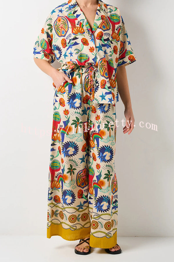 Linen Blend Unique Print Loose Short Sleeve Shirt and Elastic Waist Tie Pocket Pants Set