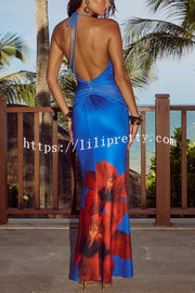 Floral Print Sexy Halterneck Open Back Pleated Slim Maxi Dress
