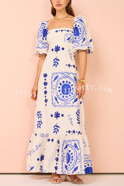 Lilipretty® Sherbert Linen Blend Unique Print Square Neck Bubble Sleeve Maxi Dress