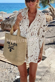 Always Favourite Lace Hollow Tie-up Slit Long Sleeve Shirt and Elastic Waist Shorts Set
