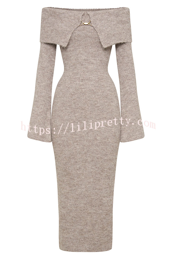Solid Color Off-shoulder Long-sleeved Elegant Slim-fit Knit Maxi Dress