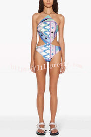 Lorian Unique Print Chain Halter Neck Cutout Waist Stretch One-piece Swimsuit