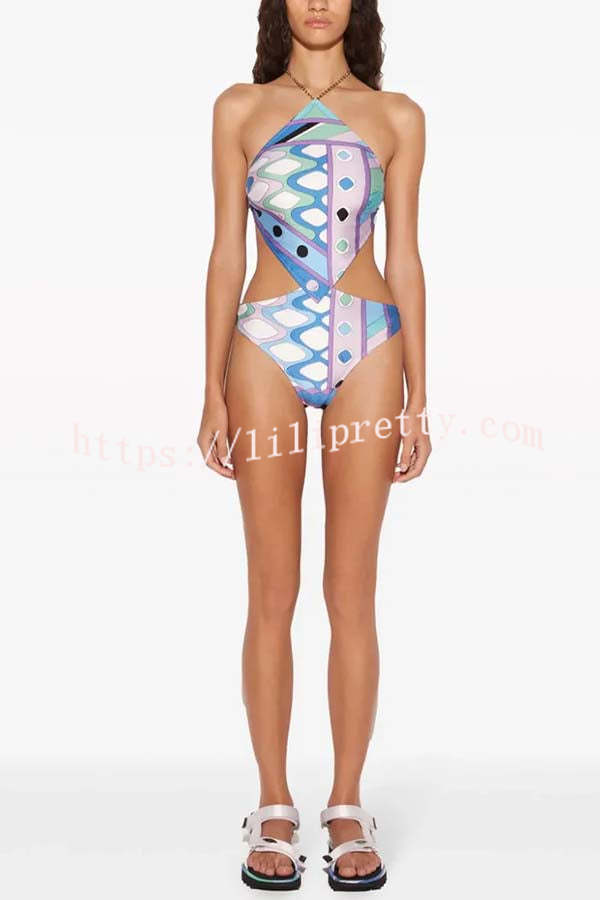 Lorian Unique Print Chain Halter Neck Cutout Waist Stretch One-piece Swimsuit