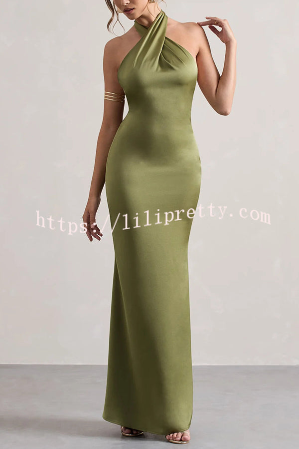 Solid Color Halter Neck Tie Sexy Backless Slim Maxi Dress