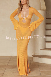 Seaside Goddess Crochet Knit Hollow Out Golden Ring Long Sleeve Cover-up Maxi Dress