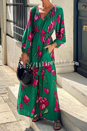 Gramercy Garden Floral Print Pocket Belted Long Sleeve Maxi Dress