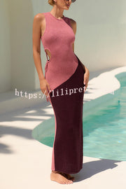 Sunday At The Beach Knit Color Block Sexy Hollow Lace-up Cover-up Maxi Dress