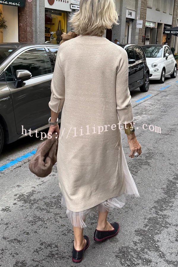 Jollie Knit Long Sleeve Front Slit Midi Sweater and Pleated Tulle Stretch Tank Midi Dress Two-piece Set