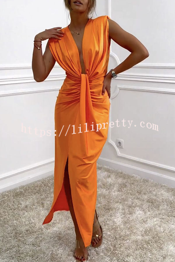 Lilipretty Classic and Sexy Dates V-neck Ruched Drape Slit Midi Dress