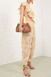 Ellie Lace Gathered Waist Pocket Button Ankle Cuffs Harem Pant