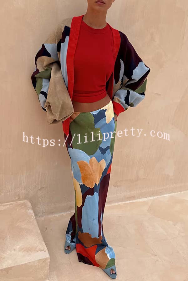 Bright and Bold Knit Abstract Color Blocks Button Long Sleeve Loose Cardigan