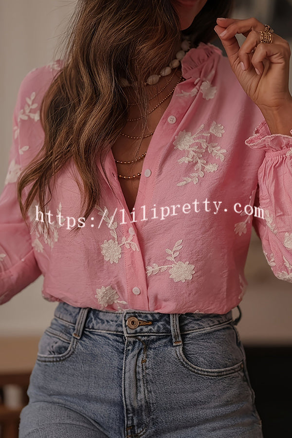 Floral Embroidery Long-Sleeved Button-Up Elegant Shirt