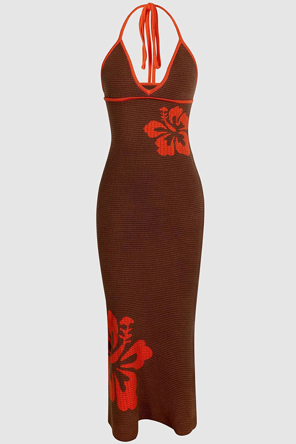 Lilipretty® Midsummer Knit Floral Pattern Mermaid Hem Halterneck Stretch Midi Dress