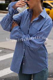 Striped Print Ruffled Long Sleeve Pockets Loose Shirt