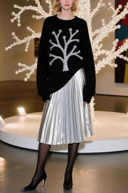 Silver Christmas Tree Loose Long-Sleeved Knit Sweater