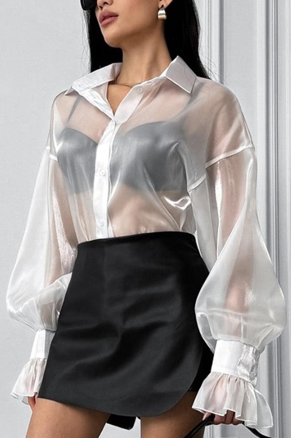 Fashion Lapel Long Sleeve Ruffled See-through Casual Shirt
