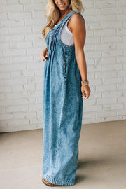 Fashionable and Casual Sleeveless V-neck Lace-up Loose Pocket Jumpsuit