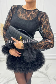 Alyssa Lace Fabric Tulle Layered Petals Trim Long Sleeve Mini Dress