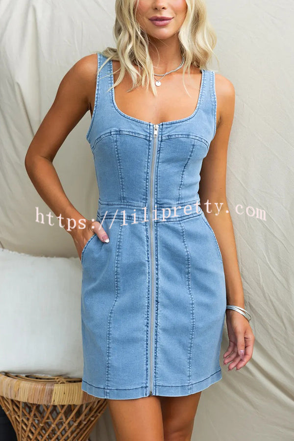 Nylah Denim Front Center Zipper Princess Line Pocket Stretch Mini Dress