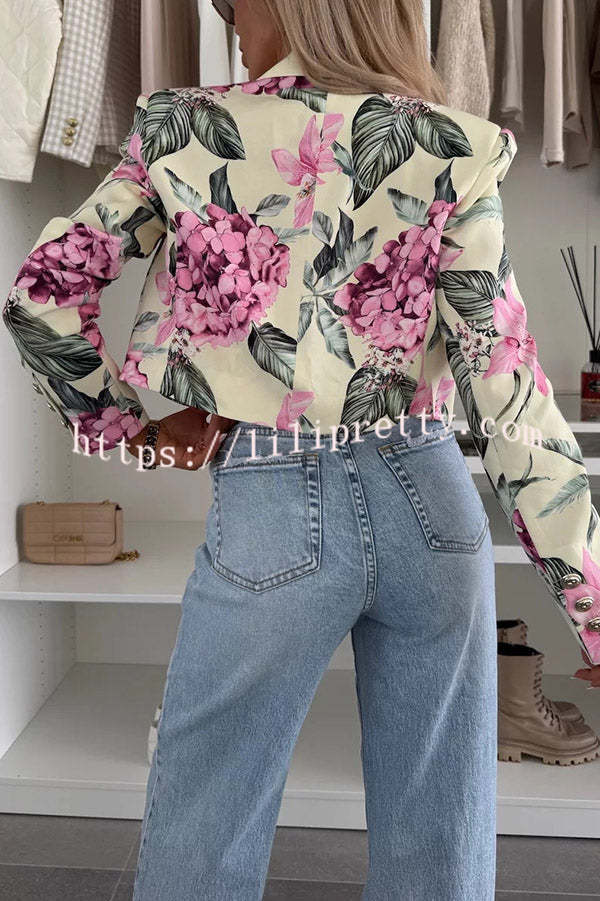 Picture Perfect Botanical Floral Print Long Sleeve Lapel Crop Blazer