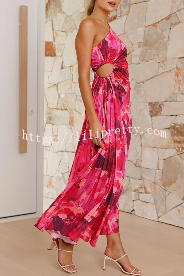 Laken Floral Print One Shoulder Adjustable Tie Cutout Pleated Maxi Dress