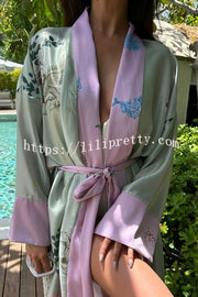 Karty Satin Unique Print Long Sleeve Belt Lapel Kimono Cover-ups