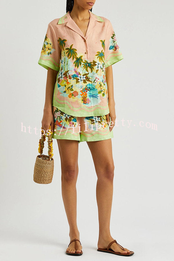 Lilipretty Coconut Scenery Linen Blend Tropical Print Blouse and Elastic Waist Pocketed Shorts Set
